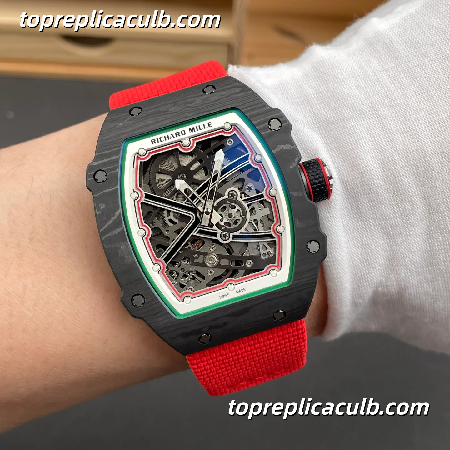 Richard Mille RM67-02 Italy Edition Carbon Fiber Case 47x9.27MM Red Strap Ultra-Thin 1:1 Integrated Movement Super Clone Watch - Image 2