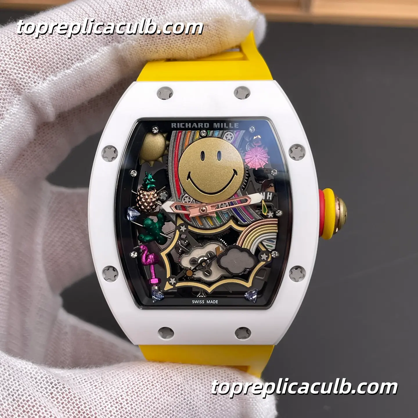 Richard Mille RM88 Smiley Tourbillon White Ceramic Yellow Strap 48x39.7MM Super Clone Watch