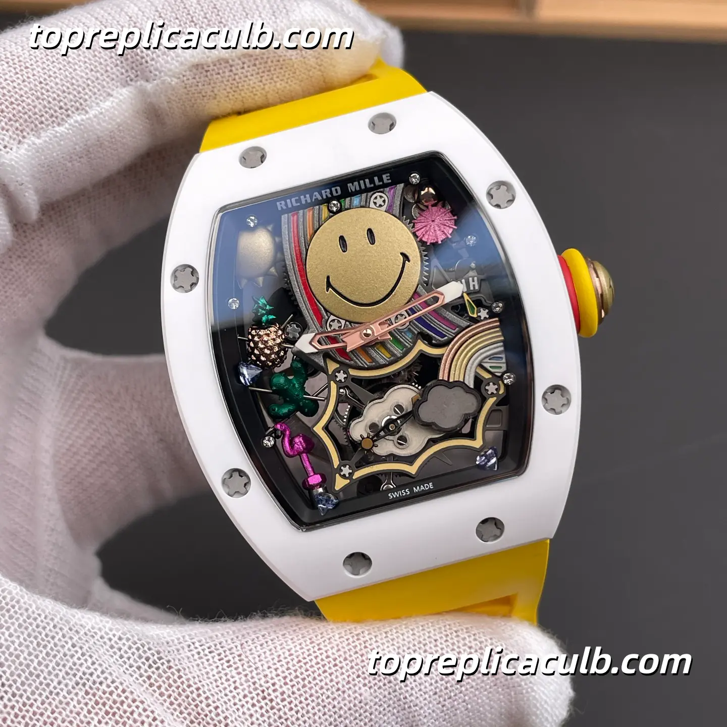 Richard Mille RM88 Smiley Tourbillon White Ceramic Yellow Strap 48x39.7MM Super Clone Watch - Image 4