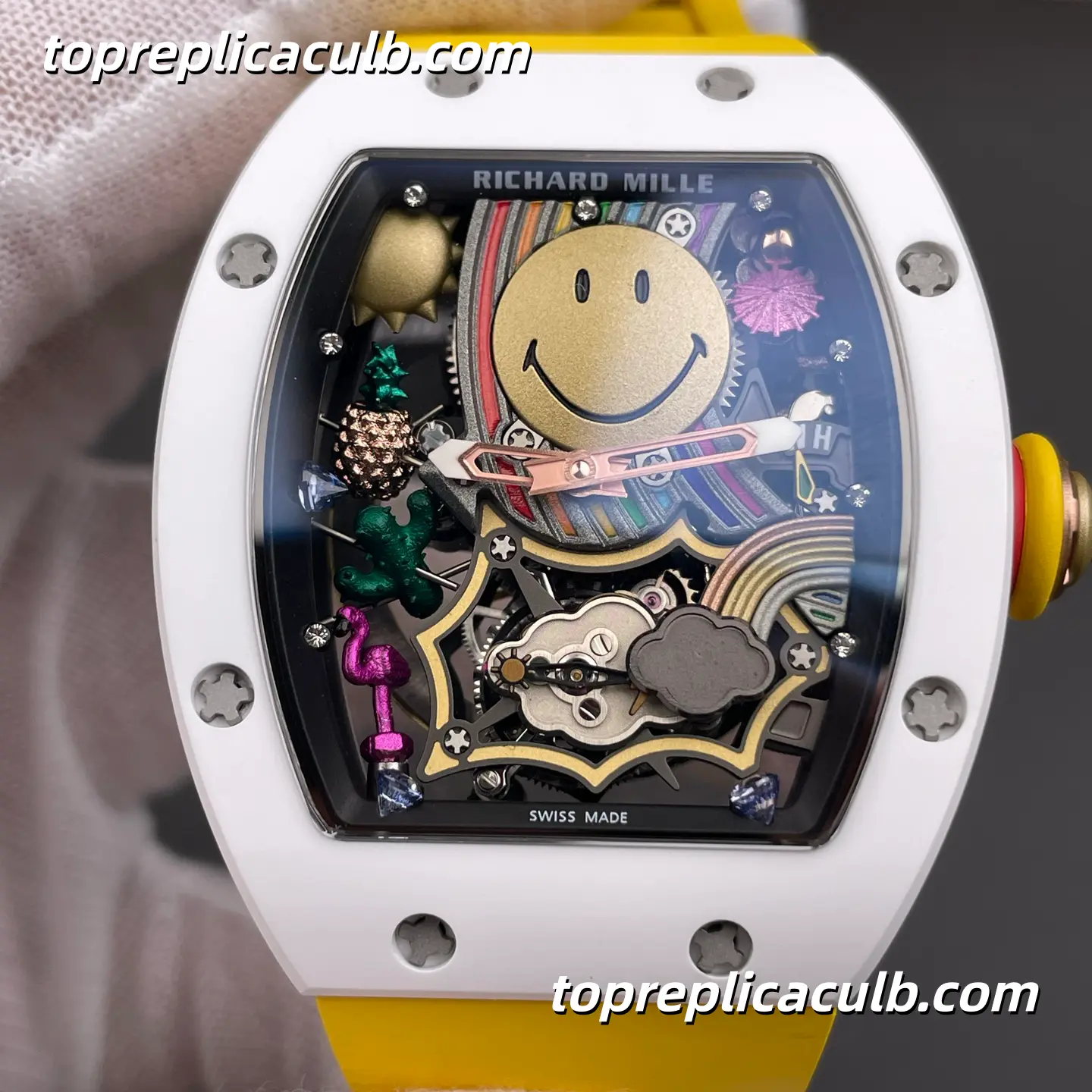 Richard Mille RM88 Smiley Tourbillon White Ceramic Yellow Strap 48x39.7MM Super Clone Watch - Image 3