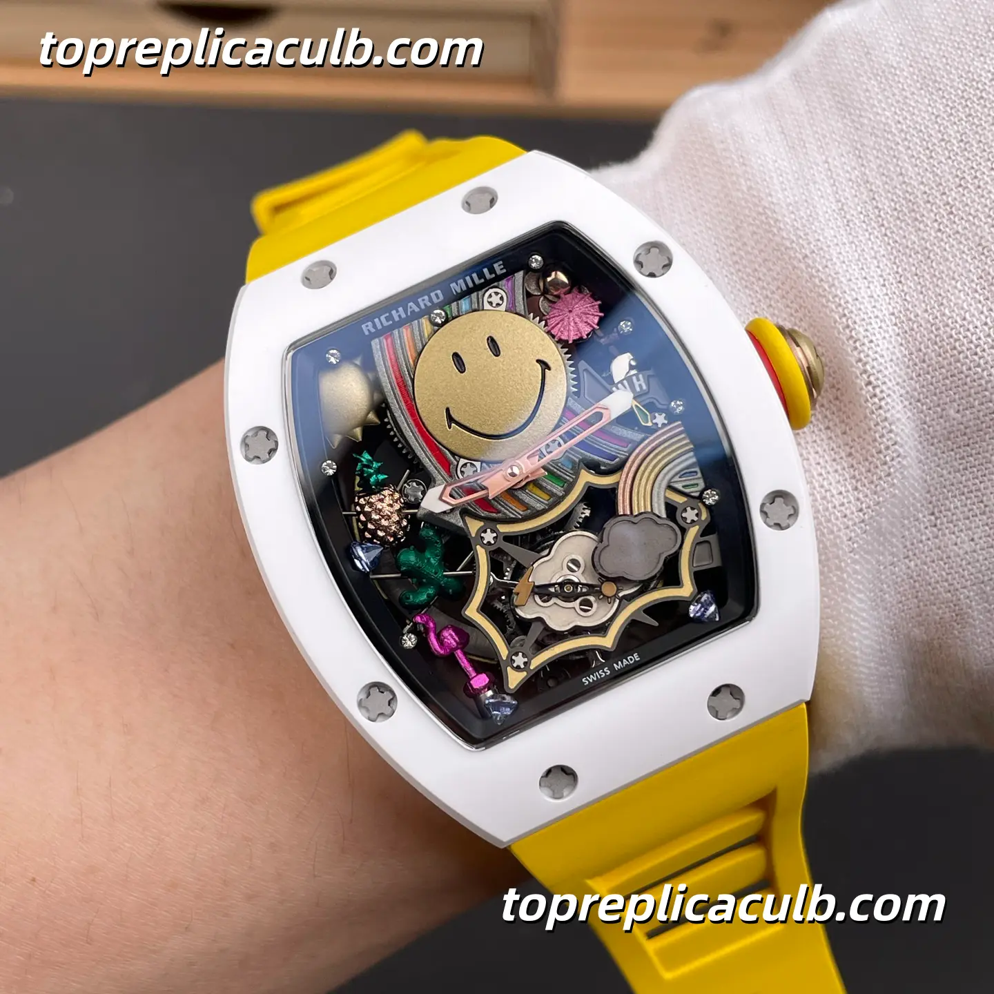 Richard Mille RM88 Smiley Tourbillon White Ceramic Yellow Strap 48x39.7MM Super Clone Watch - Image 2