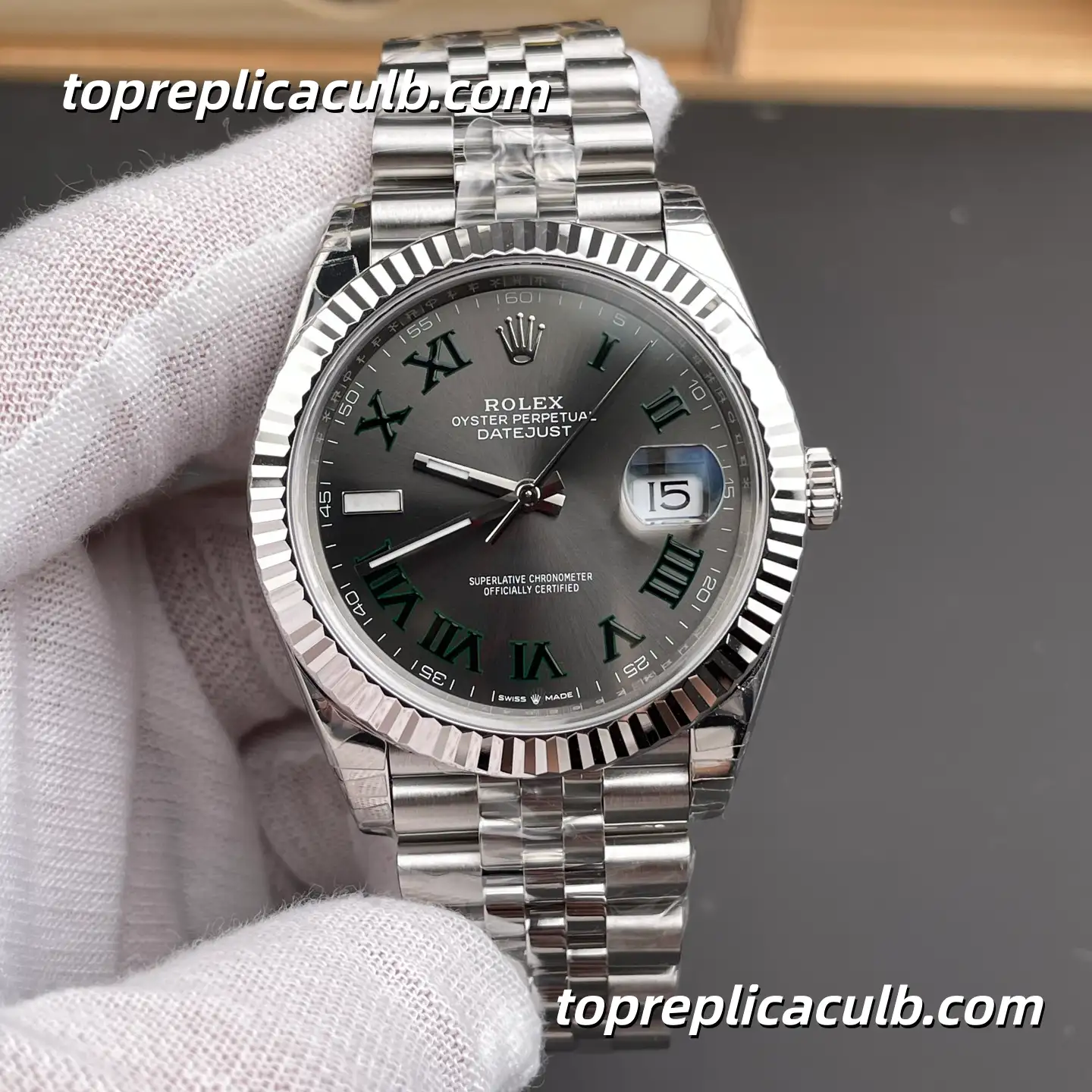 Rolex DateJust 41MM 126334-0022 Wimbledon Green Roman Dial Jubilee Bracelet Super Clone Watch with 3235 Movement