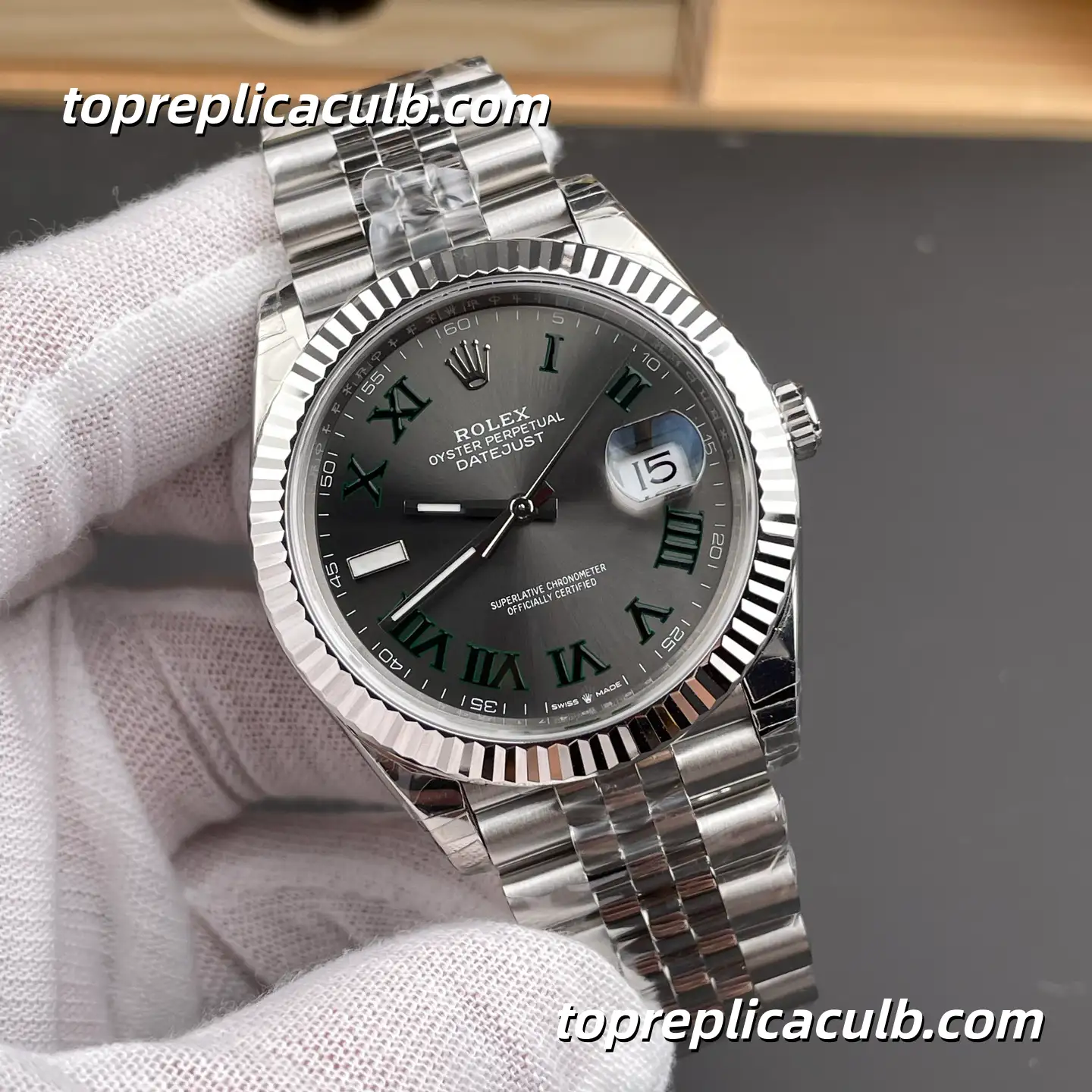 Rolex DateJust 41MM 126334-0022 Wimbledon Green Roman Dial Jubilee Bracelet Super Clone Watch with 3235 Movement - Image 4