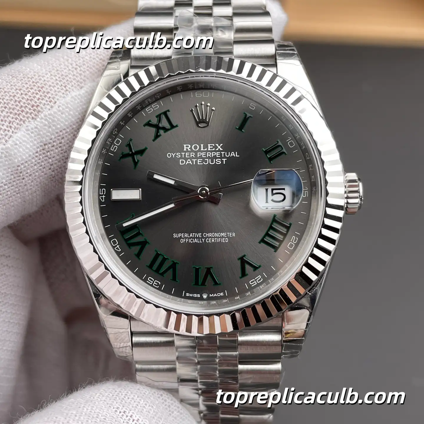 Rolex DateJust 41MM 126334-0022 Wimbledon Green Roman Dial Jubilee Bracelet Super Clone Watch with 3235 Movement - Image 3
