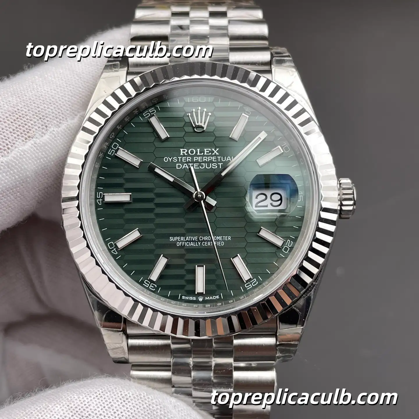 Rolex DateJust 41MM 126334-0030 Green Motif Dial Jubilee Bracelet Super Clone Watch with 3235 Movement