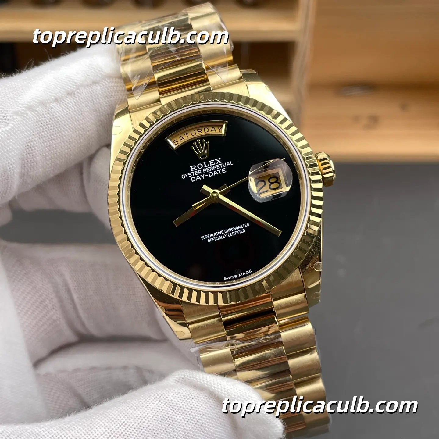 Rolex Day-Date 18038 36MM Black Onyx Dial 18K Yellow Gold President Bracelet Super Clone Watch - Image 4