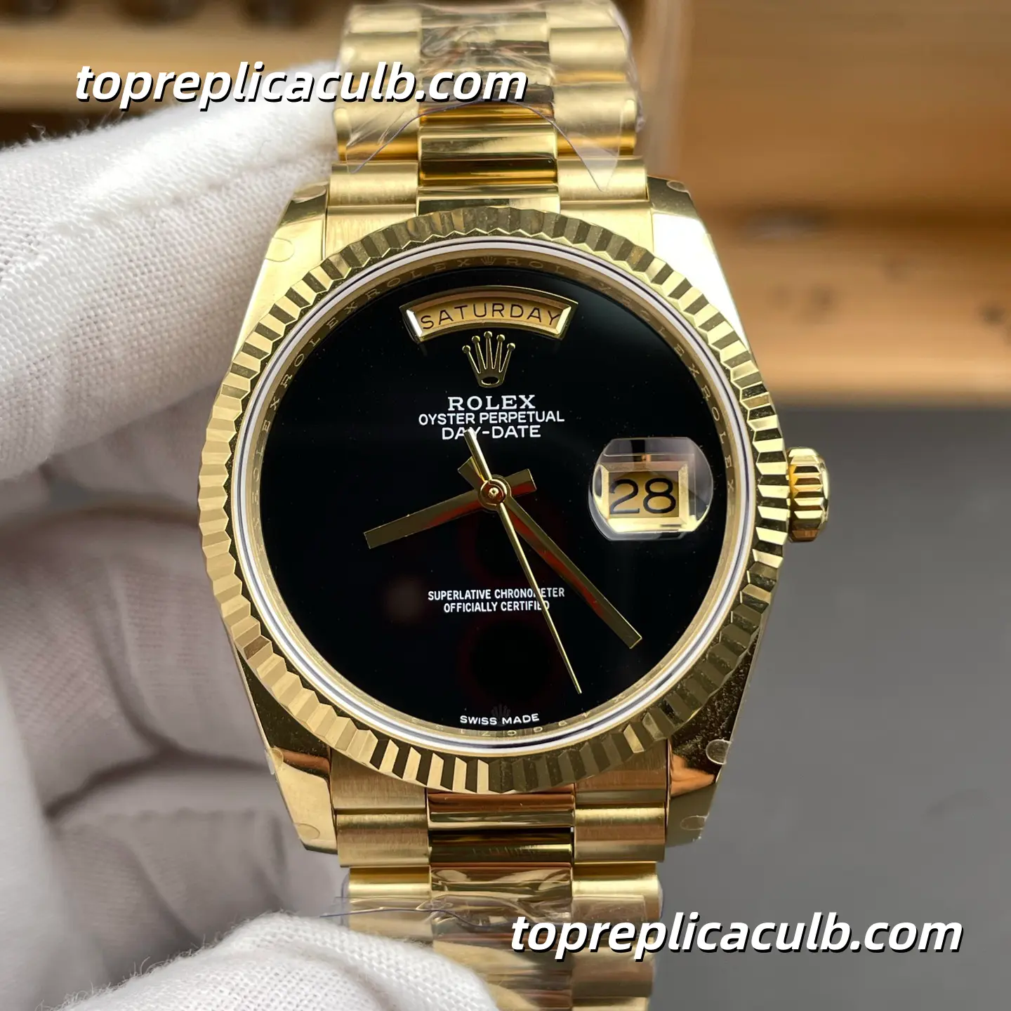 Rolex Day-Date 18038 36MM Black Onyx Dial 18K Yellow Gold President Bracelet Super Clone Watch - Image 3