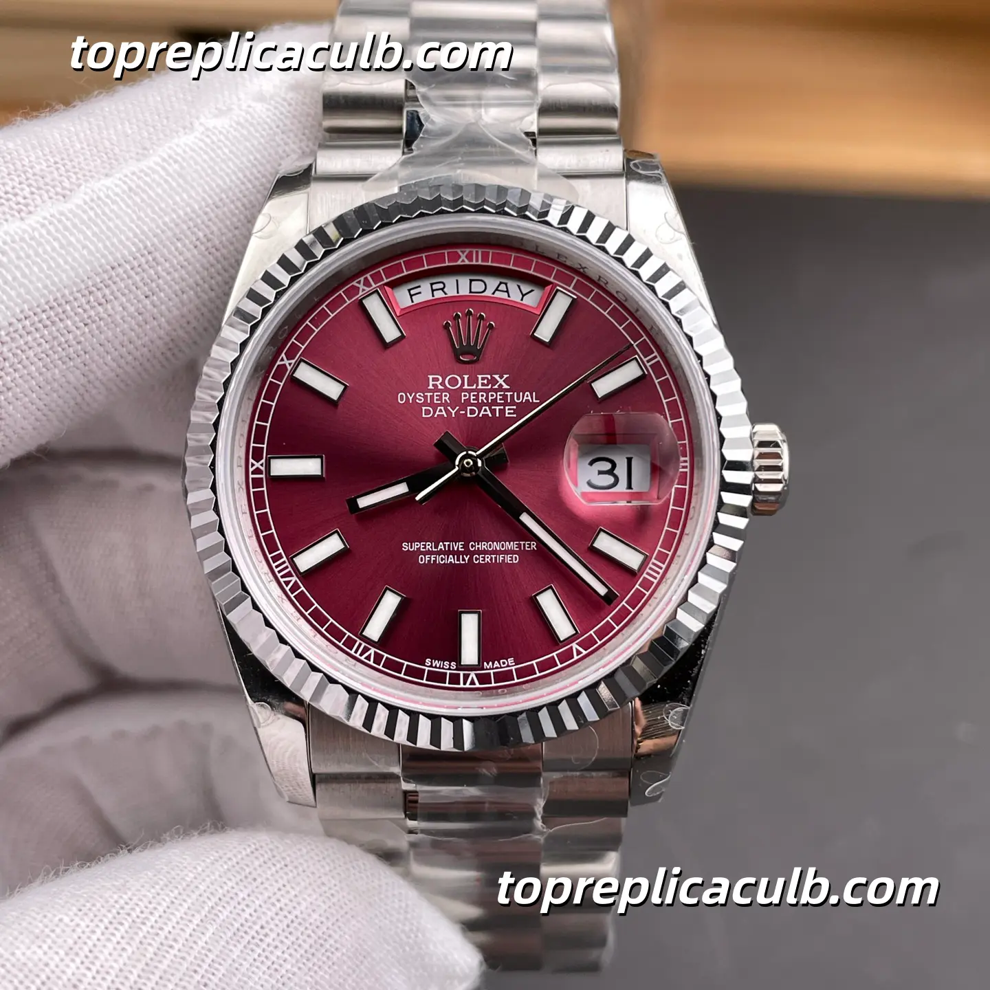 Rolex Day-Date 36MM 118239 Cherry Dial Oyster Bracelet Super Clone Watch - Image 3