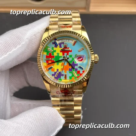 Rolex Day-Date 36MM M128238-0106 Yellow Gold “Puzzle Pattern” Dial Super Clone Watch with 2836 Movement