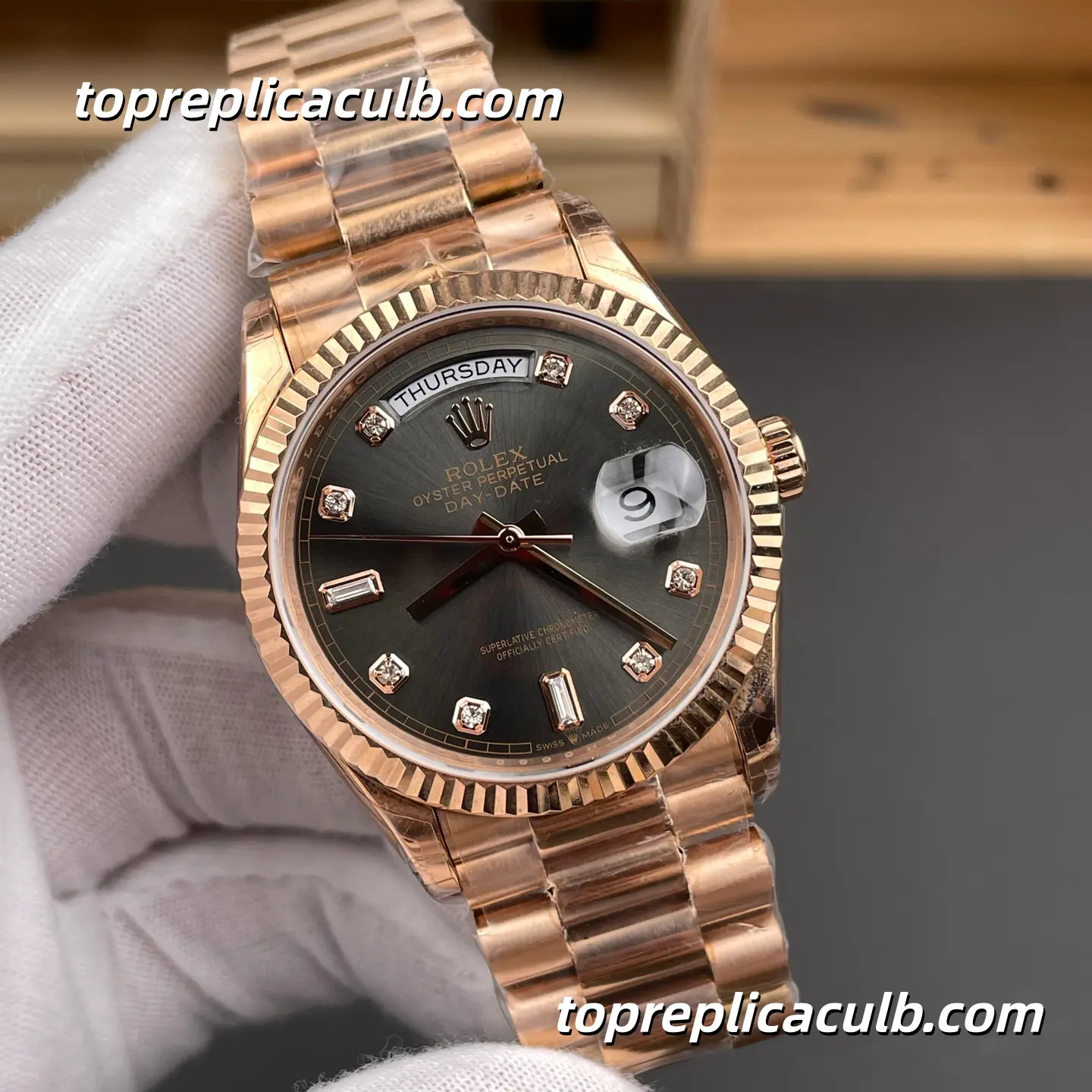 Rolex Day-Date M128235-0050 36MM Sundust Diamond Dial Everose Gold President Bracelet Super Clone Watch - Image 4