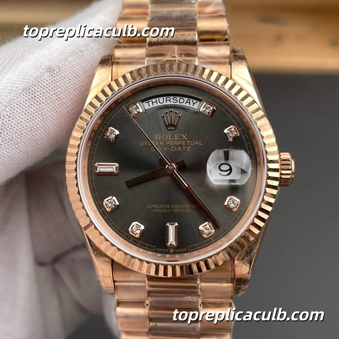 Rolex Day-Date M128235-0050 36MM Sundust Diamond Dial Everose Gold President Bracelet Super Clone Watch - Image 3