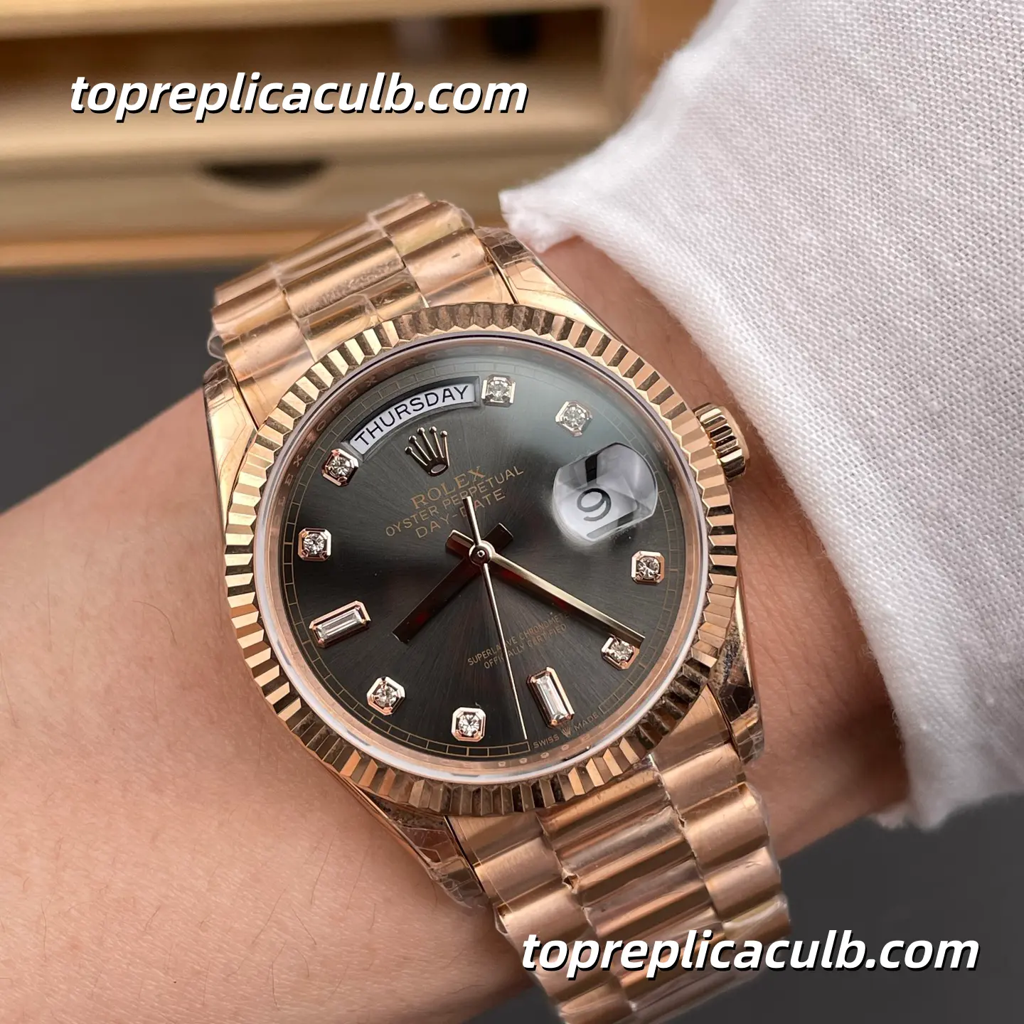 Rolex Day-Date M128235-0050 36MM Sundust Diamond Dial Everose Gold President Bracelet Super Clone Watch - Image 2