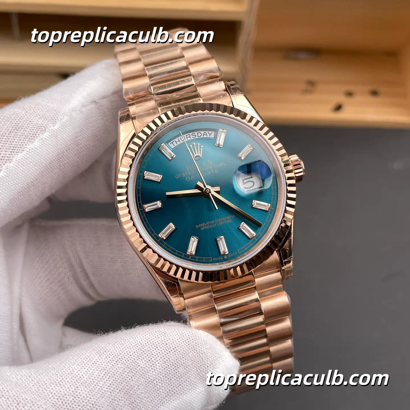 GS Factory Rolex Day-Date M128235-0085 36MM Turquoise Blue Dial Everose Gold President Bracelet Super Clone Watch - Image 4