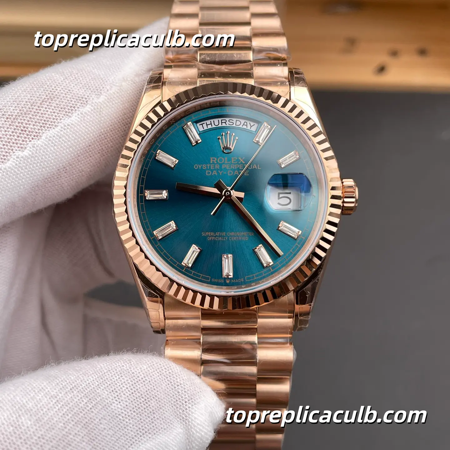 GS Factory Rolex Day-Date M128235-0085 36MM Turquoise Blue Dial Everose Gold President Bracelet Super Clone Watch - Image 3