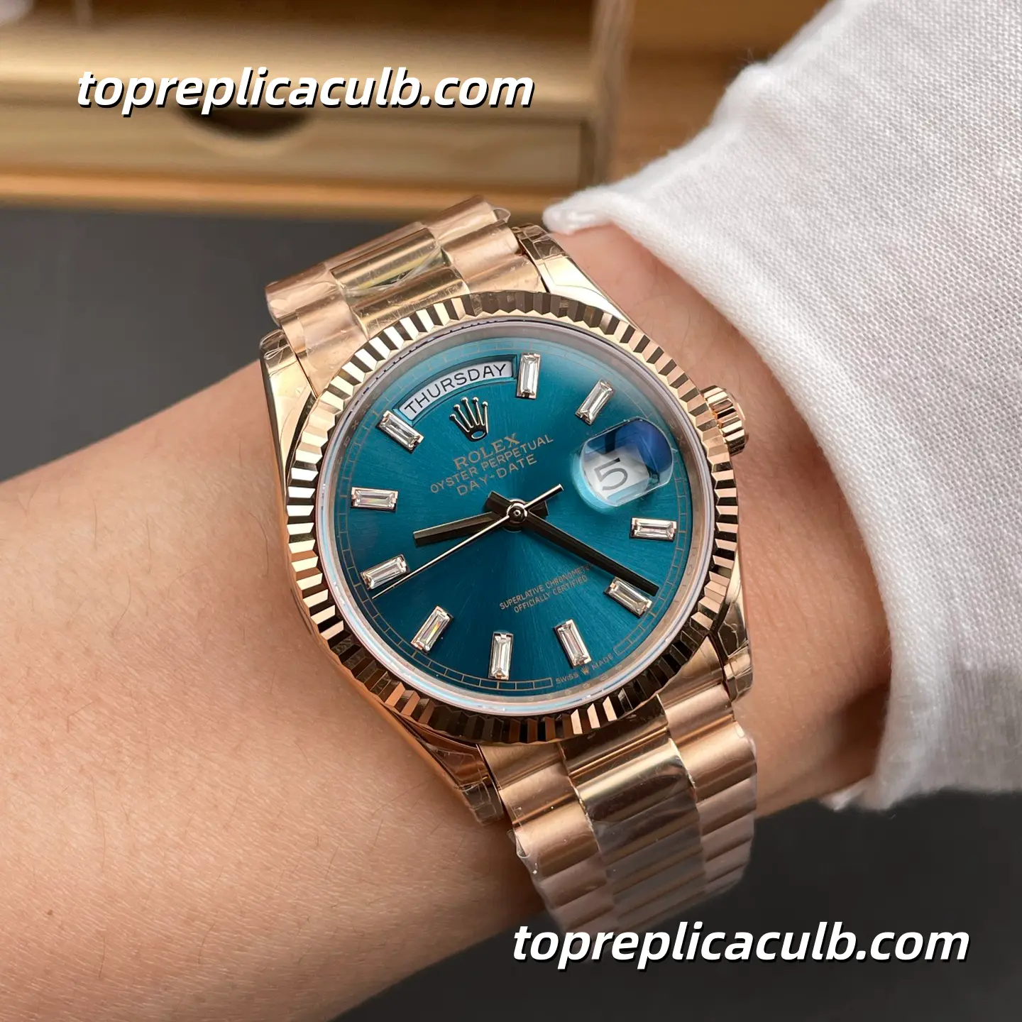 GS Factory Rolex Day-Date M128235-0085 36MM Turquoise Blue Dial Everose Gold President Bracelet Super Clone Watch - Image 2