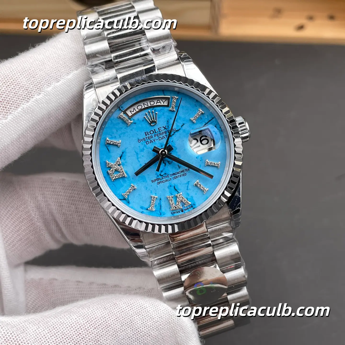 Rolex Day-Date M128236-0011 36MM Turquoise Stone Dial Platinum President Bracelet Super Clone Watch - Image 4