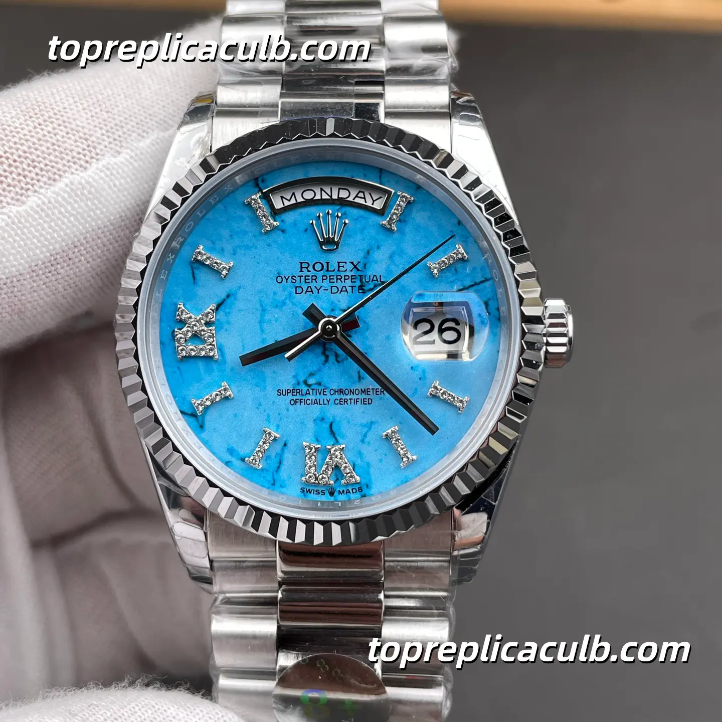 Rolex Day-Date M128236-0011 36MM Turquoise Stone Dial Platinum President Bracelet Super Clone Watch - Image 3