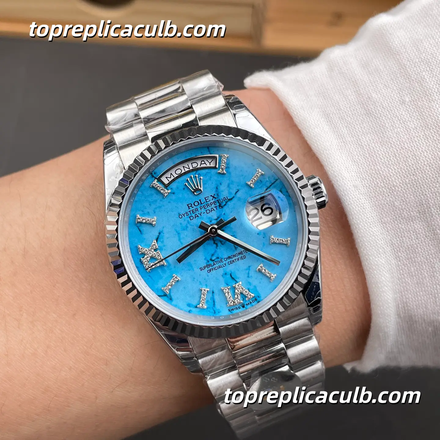 Rolex Day-Date M128236-0011 36MM Turquoise Stone Dial Platinum President Bracelet Super Clone Watch - Image 2