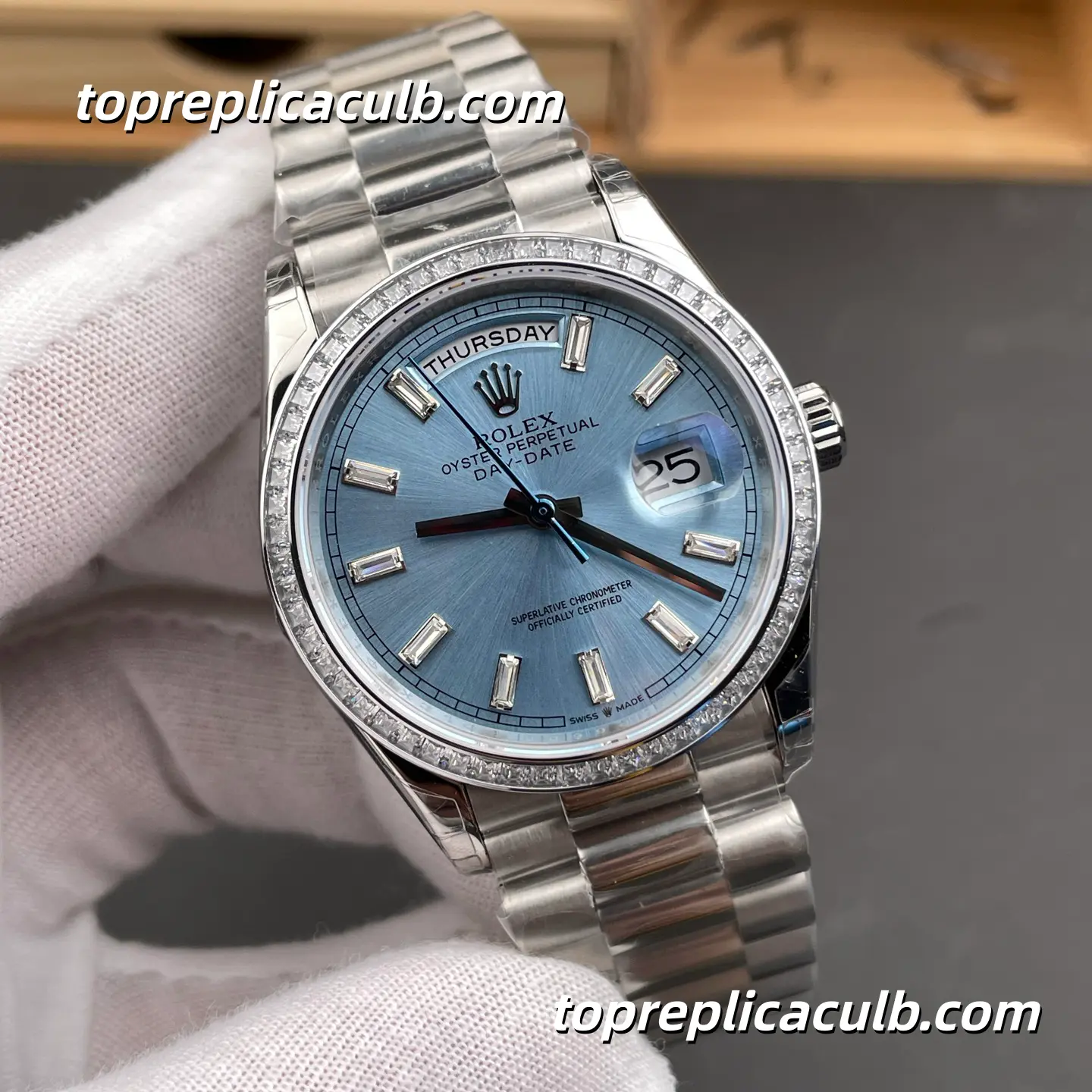 Rolex Day-Date M128396TBR-0003 36MM Ice Blue Diamond Dial President Bracelet Super Clone Watch - Image 4