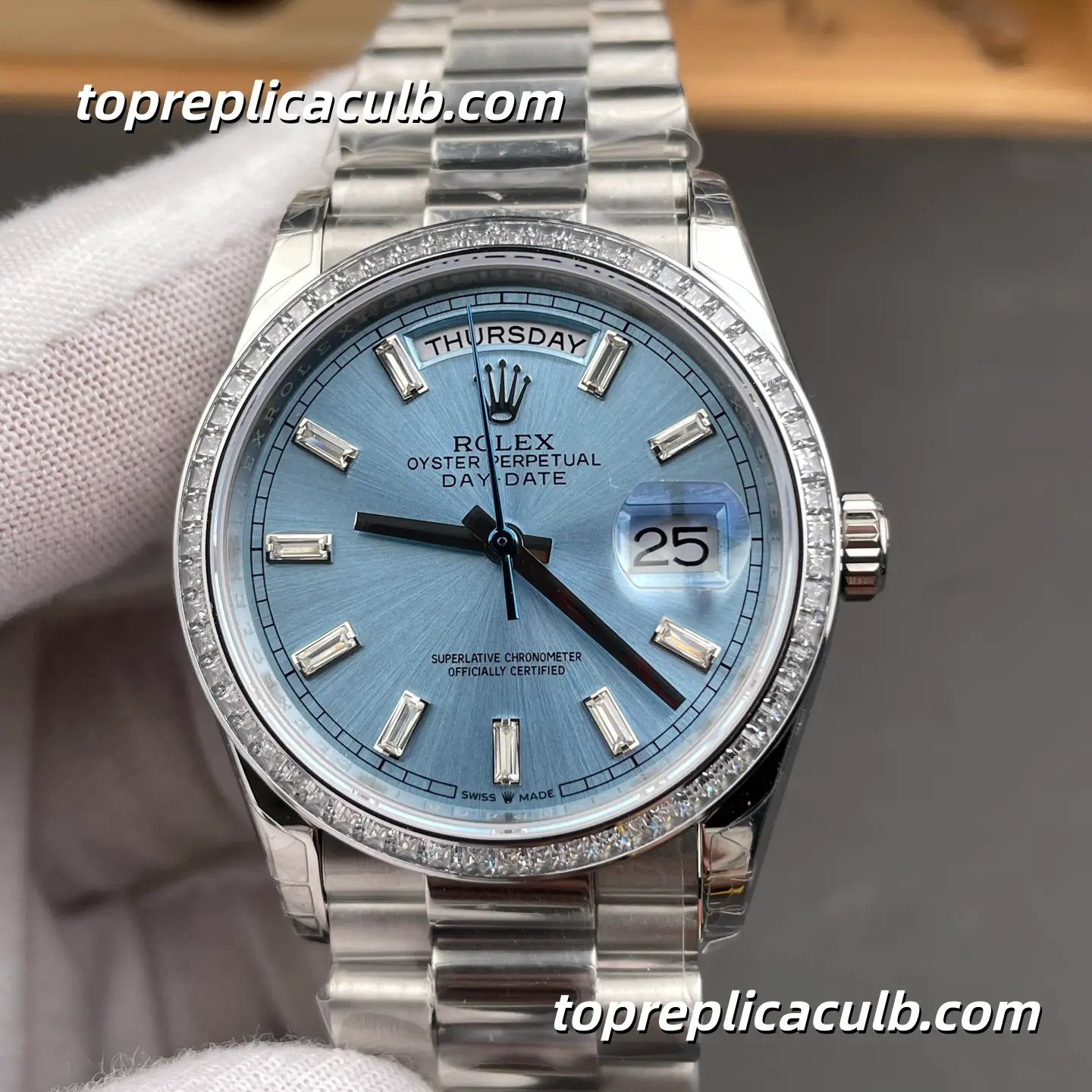 Rolex Day-Date M128396TBR-0003 36MM Ice Blue Diamond Dial President Bracelet Super Clone Watch - Image 3