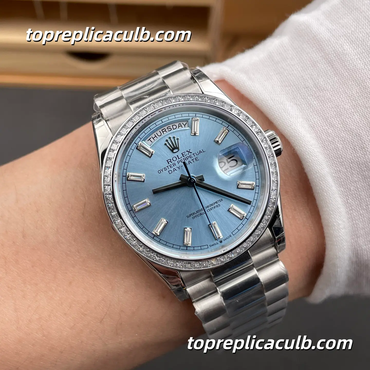 Rolex Day-Date M128396TBR-0003 36MM Ice Blue Diamond Dial President Bracelet Super Clone Watch - Image 2