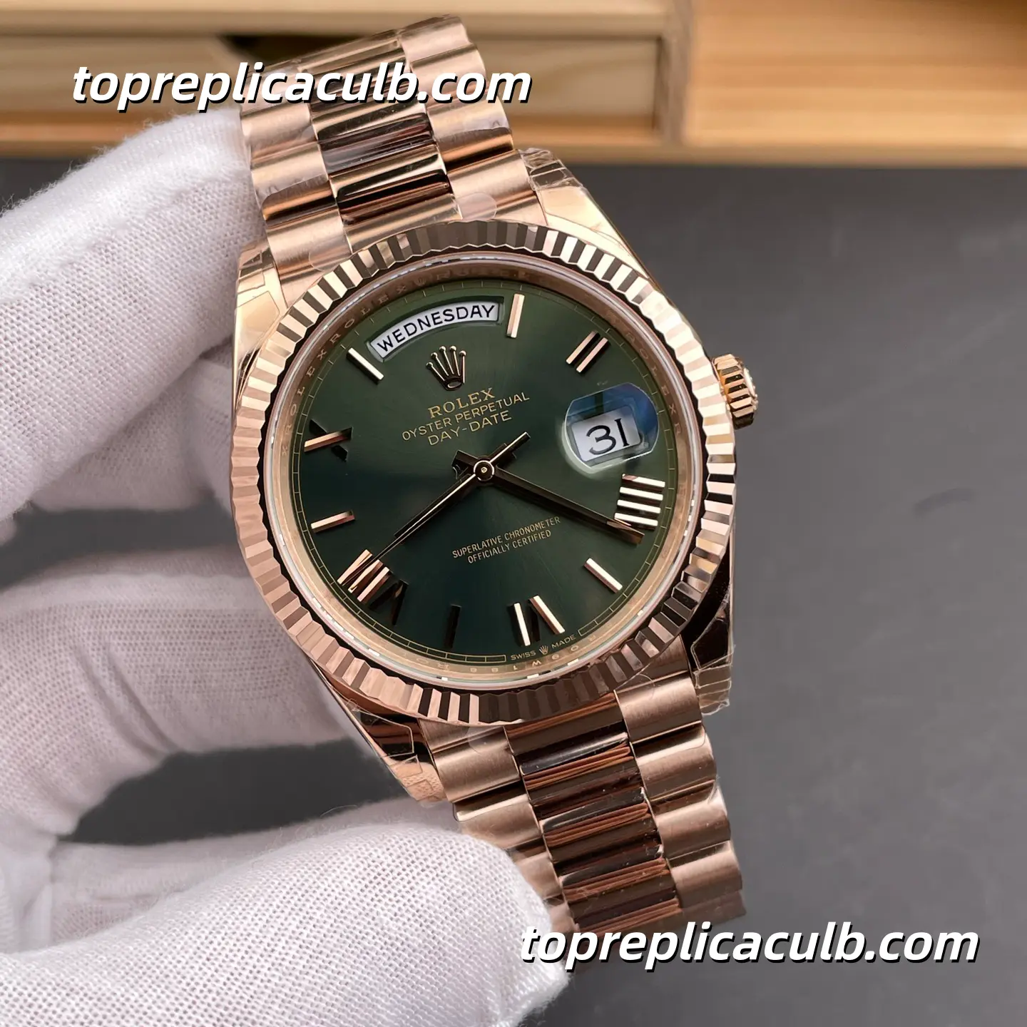 Rolex Day-Date M228235-0025 40MM Olive Green Dial Everose Gold President Bracelet Super Clone Watch - Image 4