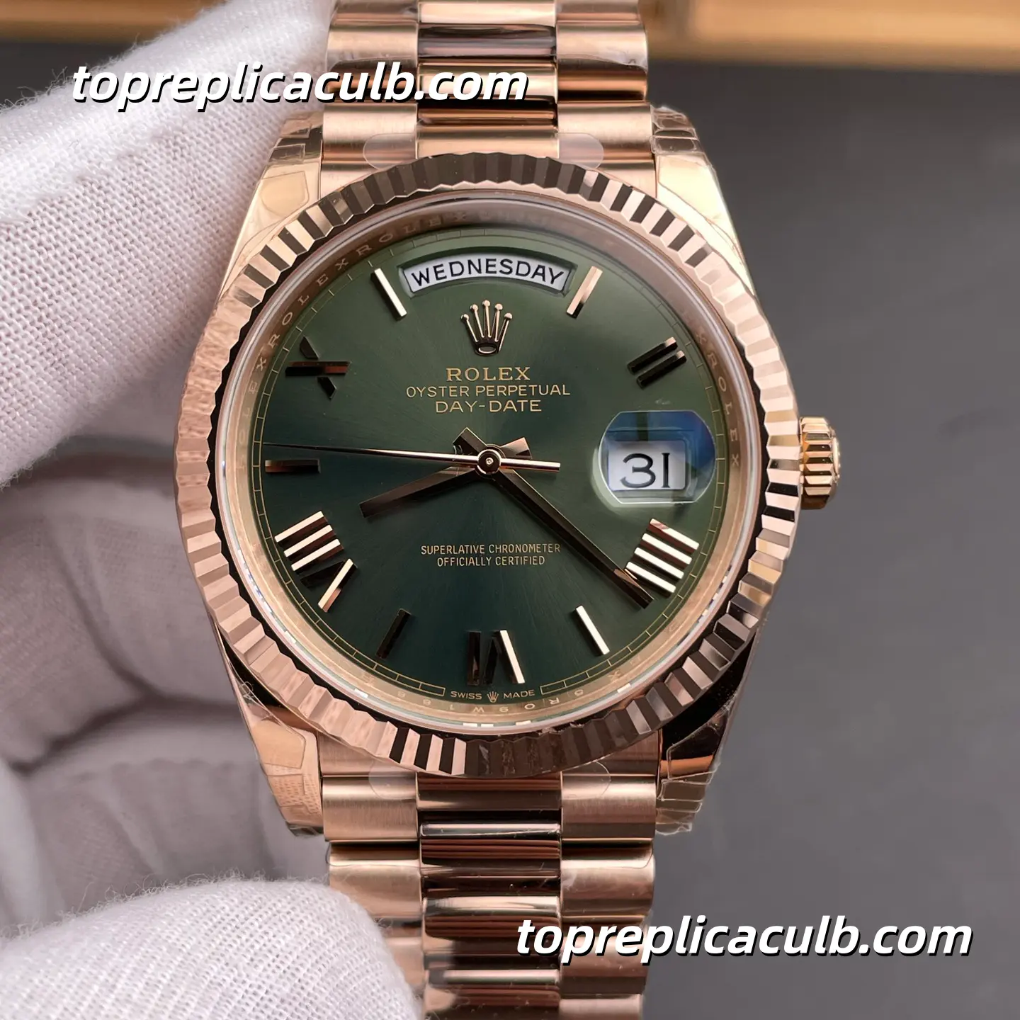 Rolex Day-Date M228235-0025 40MM Olive Green Dial Everose Gold President Bracelet Super Clone Watch - Image 3