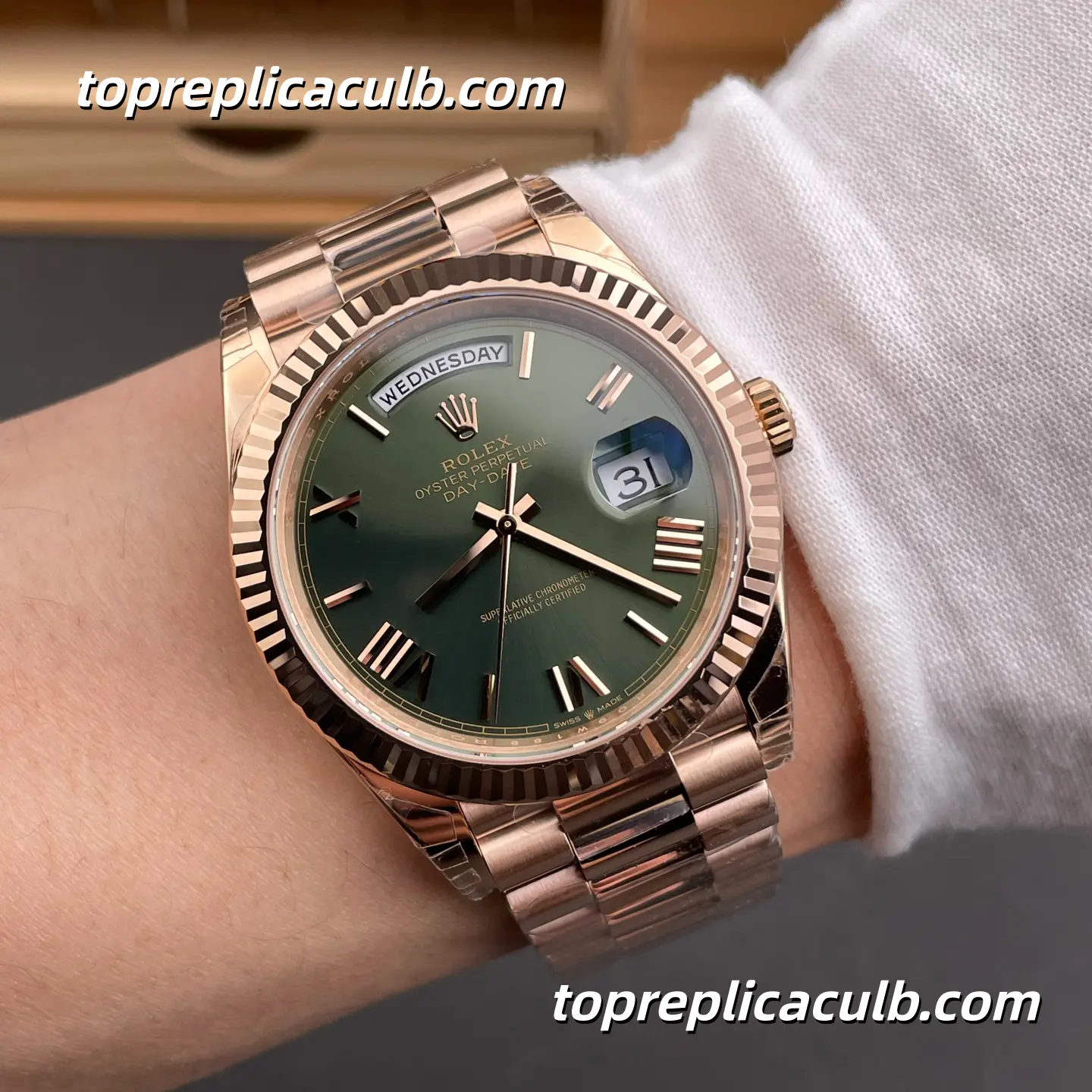 Rolex Day-Date M228235-0025 40MM Olive Green Dial Everose Gold President Bracelet Super Clone Watch - Image 2