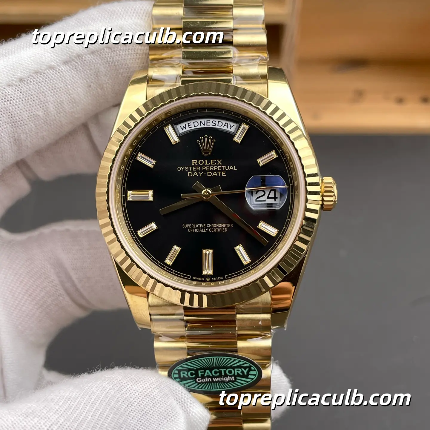 Rolex Day-Date M228238-0004 40MM Black Dial Yellow Gold President Bracelet “Black Ice Sugar” Super Clone Watch