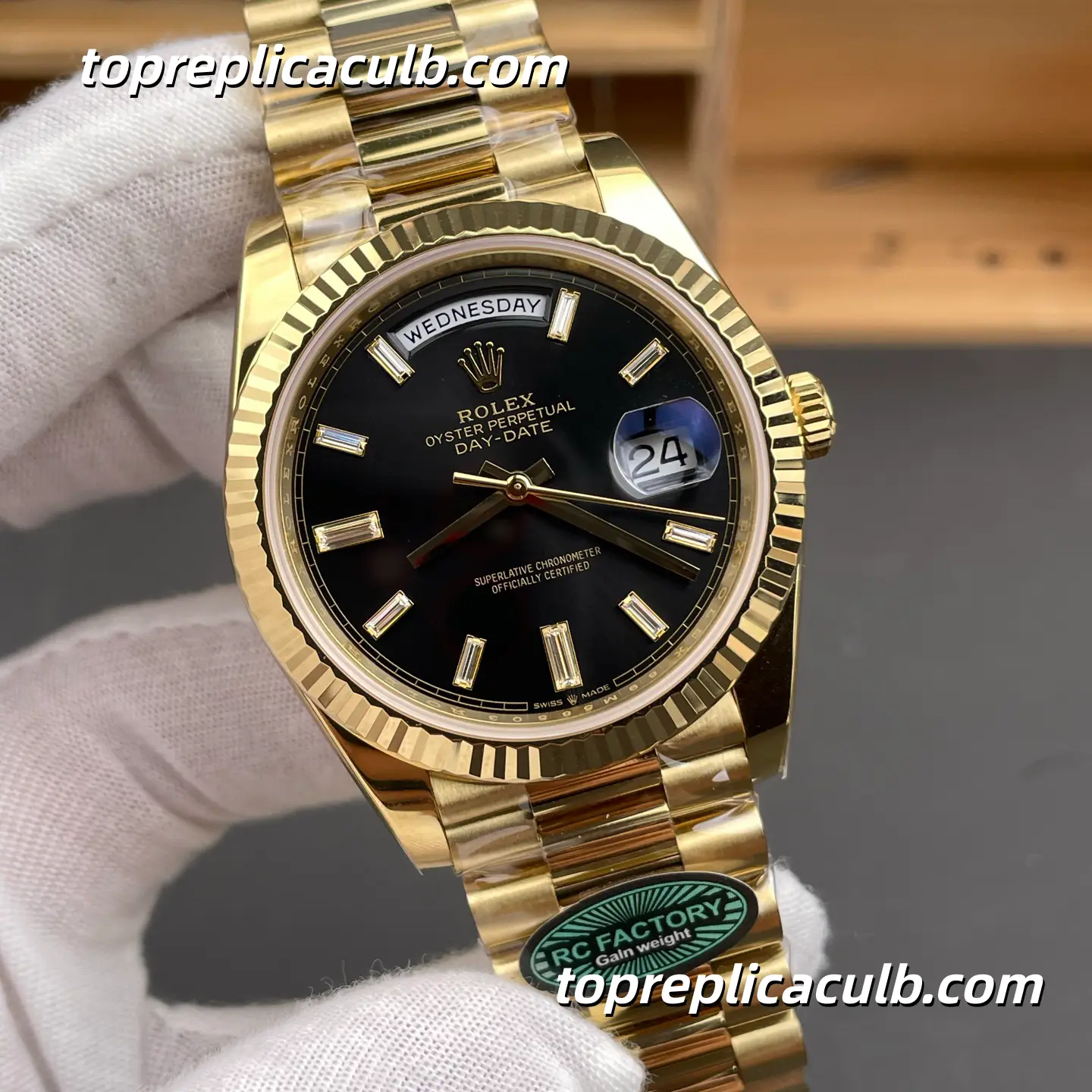 Rolex Day-Date M228238-0004 40MM Black Dial Yellow Gold President Bracelet “Black Ice Sugar” Super Clone Watch - Image 4