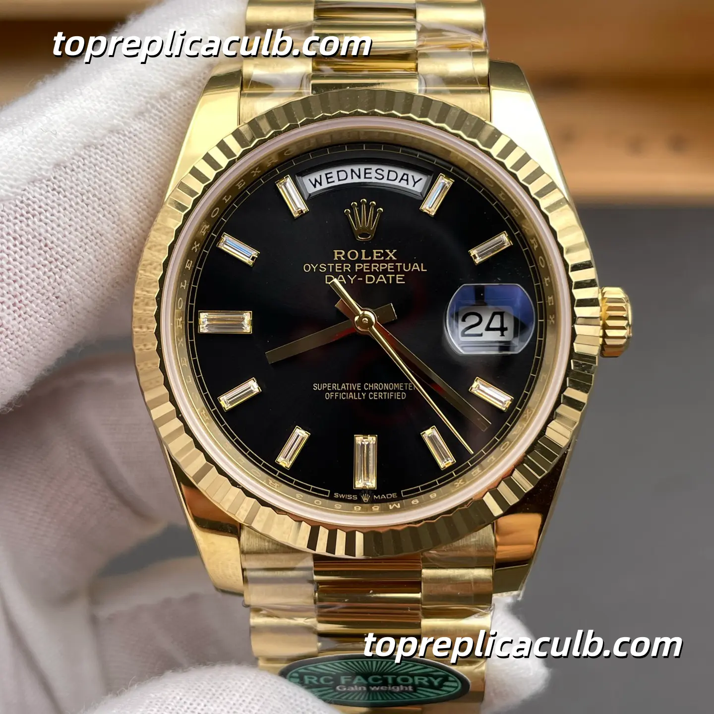 Rolex Day-Date M228238-0004 40MM Black Dial Yellow Gold President Bracelet “Black Ice Sugar” Super Clone Watch - Image 3