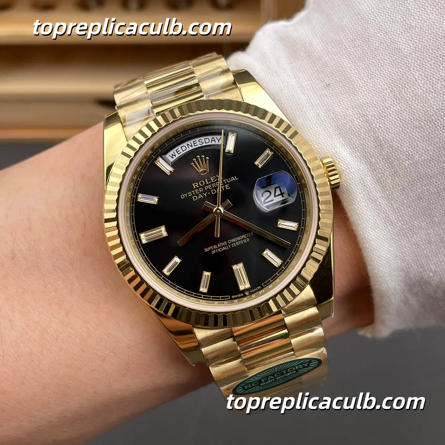Rolex Day-Date M228238-0004 40MM Black Dial Yellow Gold President Bracelet “Black Ice Sugar” Super Clone Watch - Image 2