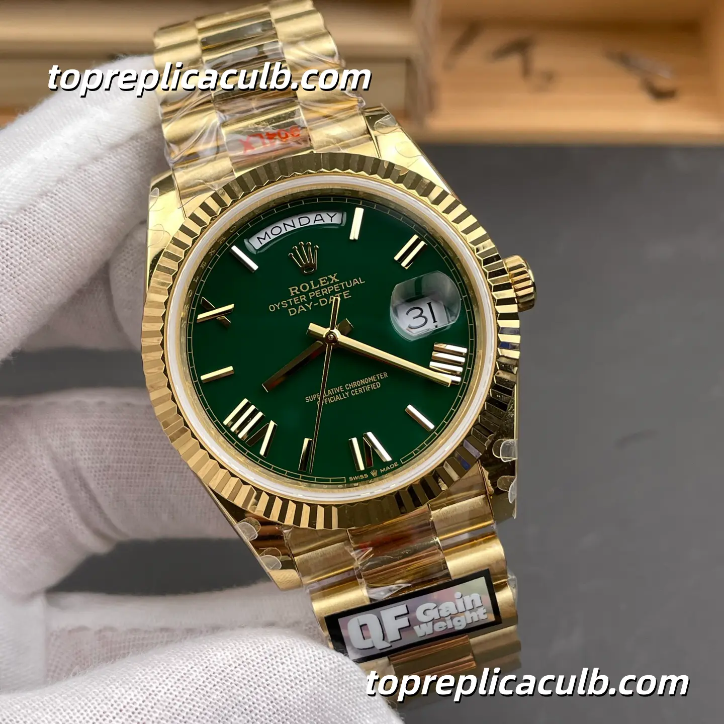 Rolex Day-Date M228238-0061 40MM Green Dial Yellow Gold President Bracelet Super Clone Watch - Image 4