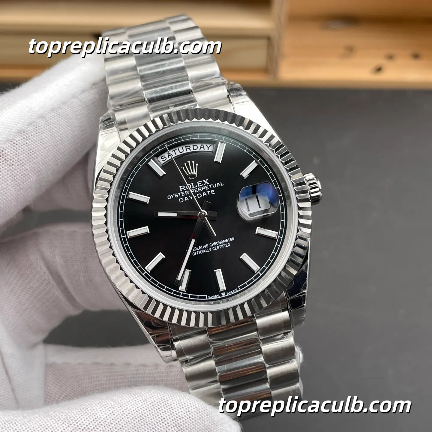 Rolex Day-Date M228239-0005 40MM Black Dial White Gold President Bracelet Super Clone Watch - Image 4