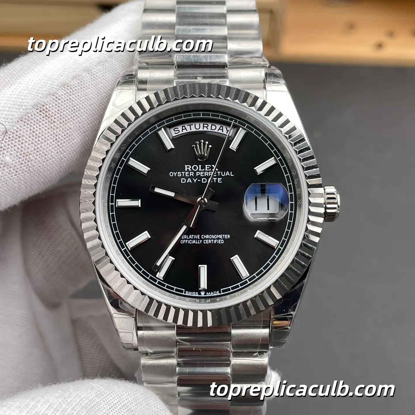 Rolex Day-Date M228239-0005 40MM Black Dial White Gold President Bracelet Super Clone Watch - Image 3