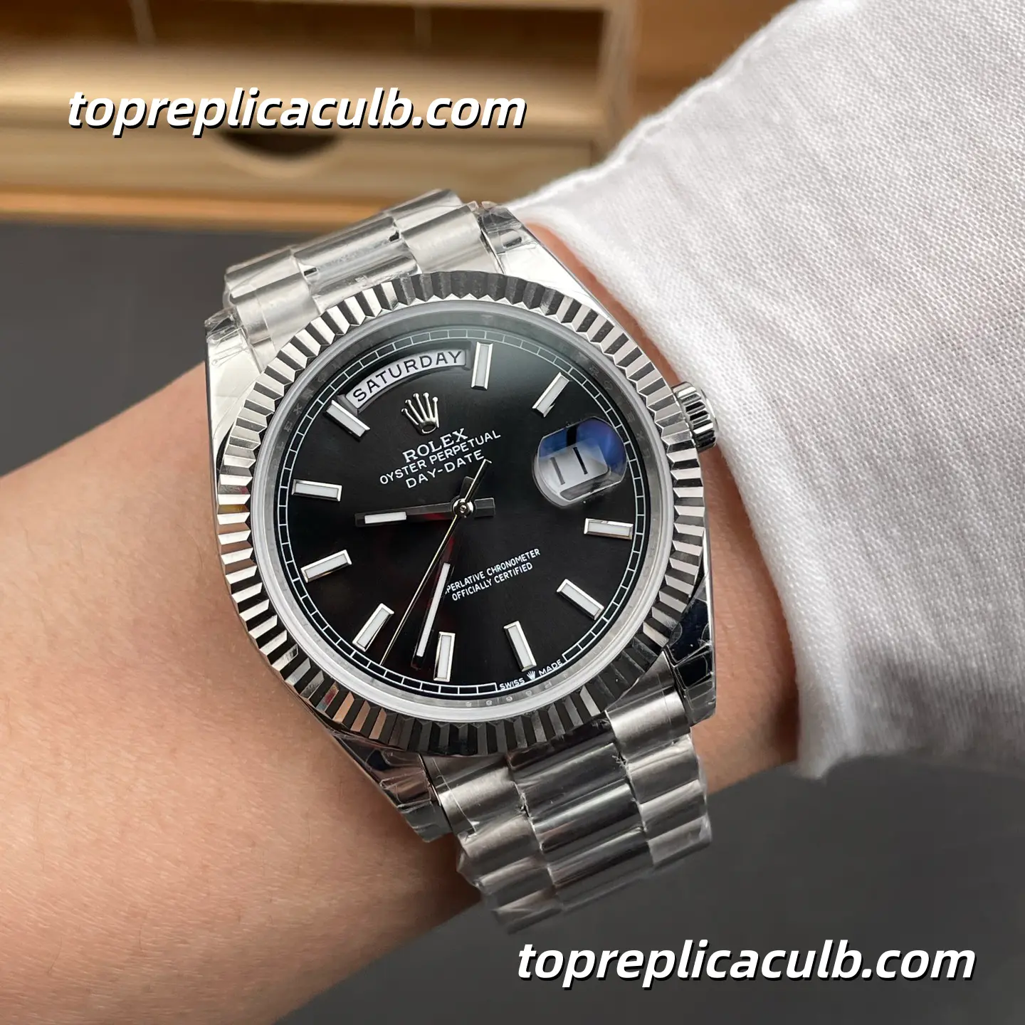 Rolex Day-Date M228239-0005 40MM Black Dial White Gold President Bracelet Super Clone Watch - Image 2