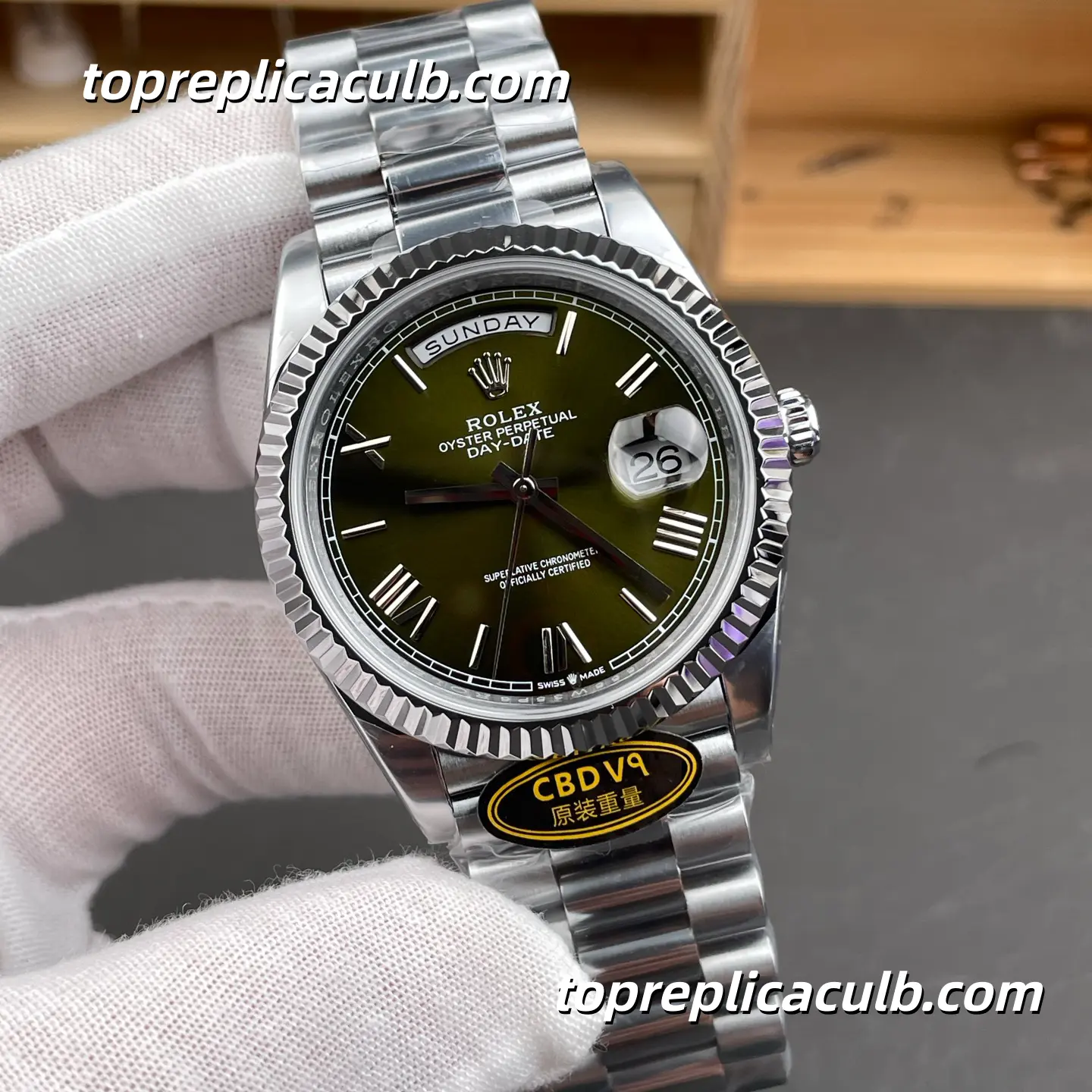 Rolex Day-Date M228239-0033 40MM Olive Green Dial White Gold President Bracelet Super Clone Watch - Image 4
