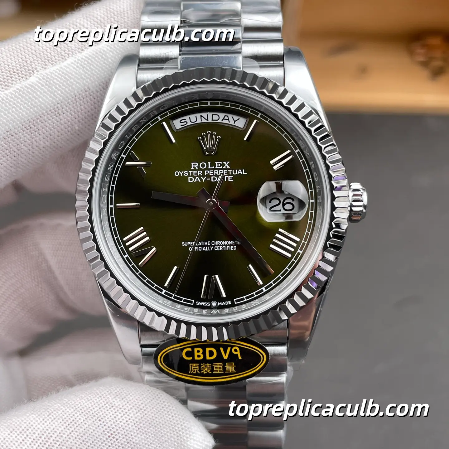 Rolex Day-Date M228239-0033 40MM Olive Green Dial White Gold President Bracelet Super Clone Watch - Image 3