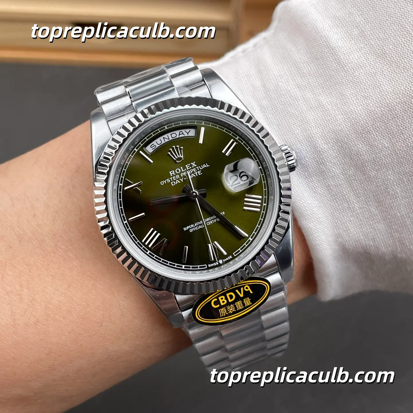 Rolex Day-Date M228239-0033 40MM Olive Green Dial White Gold President Bracelet Super Clone Watch - Image 2