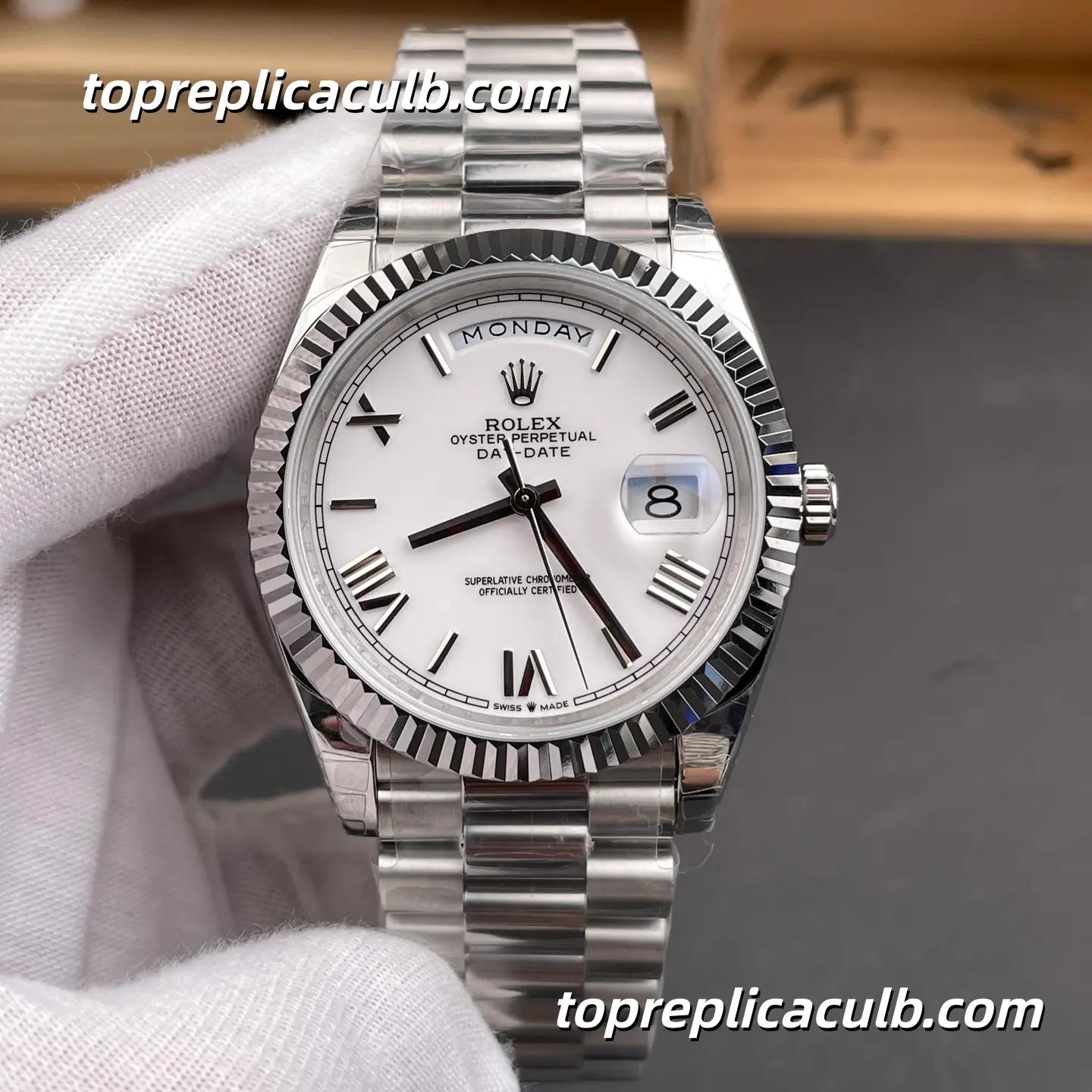 Rolex Day-Date M228239-0046 40MM White Dial President Bracelet Super Clone Watch with Day and Date Display
