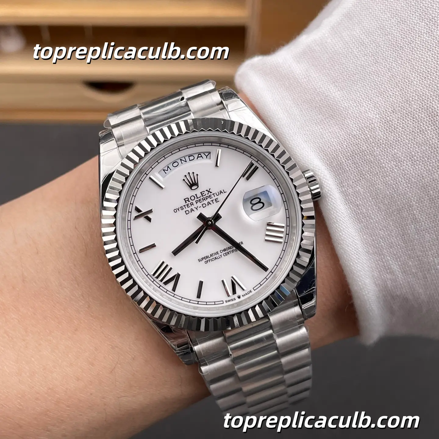 Rolex Day-Date M228239-0046 40MM White Dial President Bracelet Super Clone Watch with Day and Date Display - Image 2