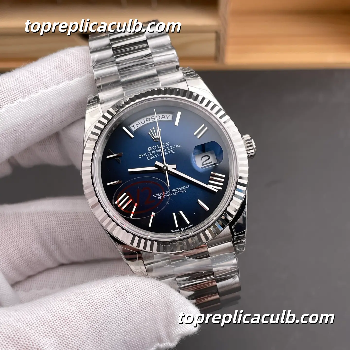 Rolex Day-Date M228239-0076 40MM Blue Dial White Gold President Bracelet Super Clone Watch - Image 4