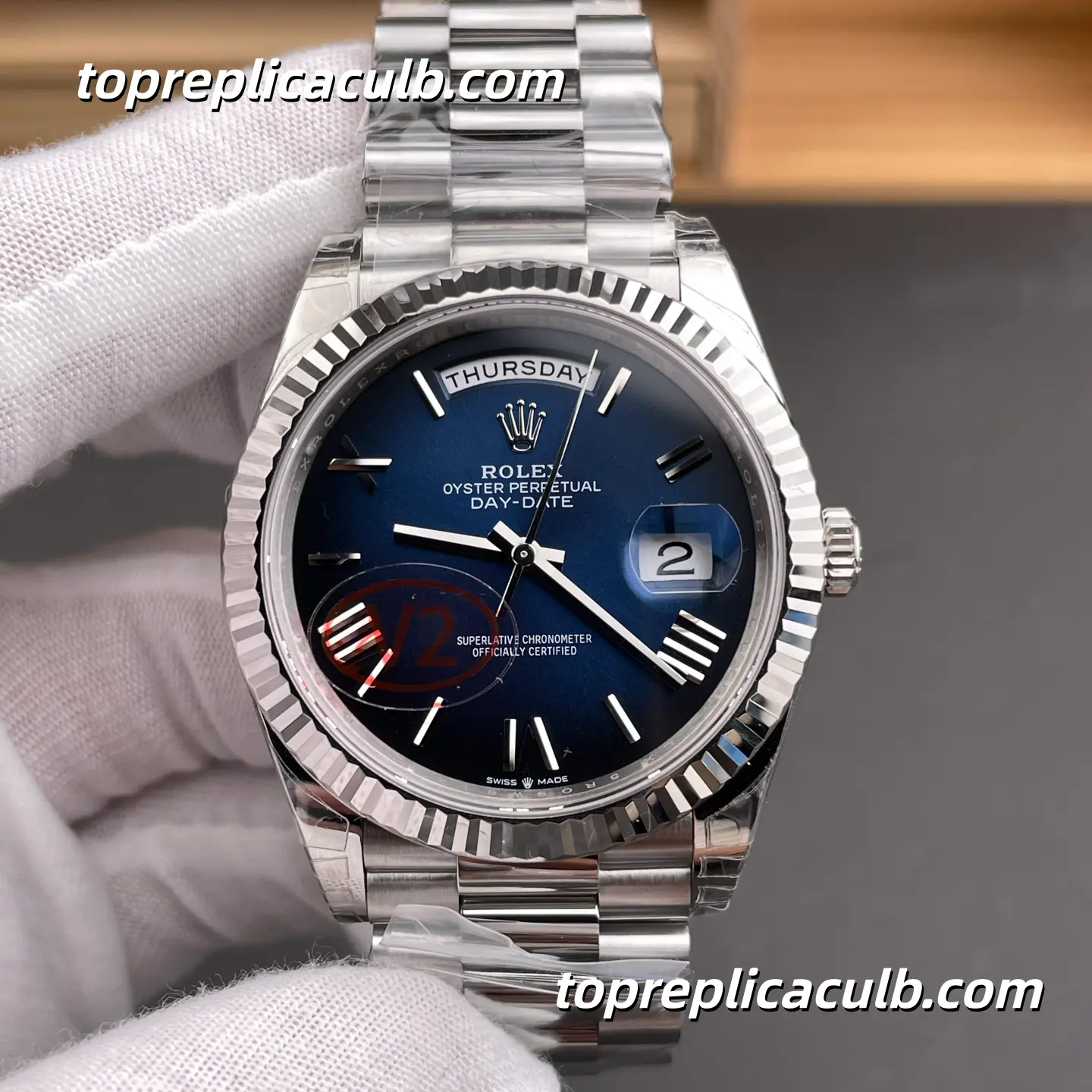 Rolex Day-Date M228239-0076 40MM Blue Dial White Gold President Bracelet Super Clone Watch - Image 3