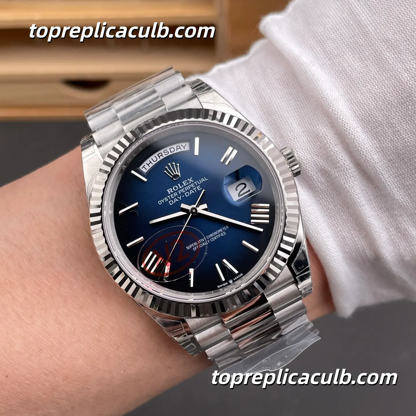 Rolex Day-Date M228239-0076 40MM Blue Dial White Gold President Bracelet Super Clone Watch - Image 2
