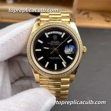 Rolex Day-Date M228348RBR-0001 40MM Black Dial Diamond Bezel Yellow Gold President Bracelet Super Clone Watch