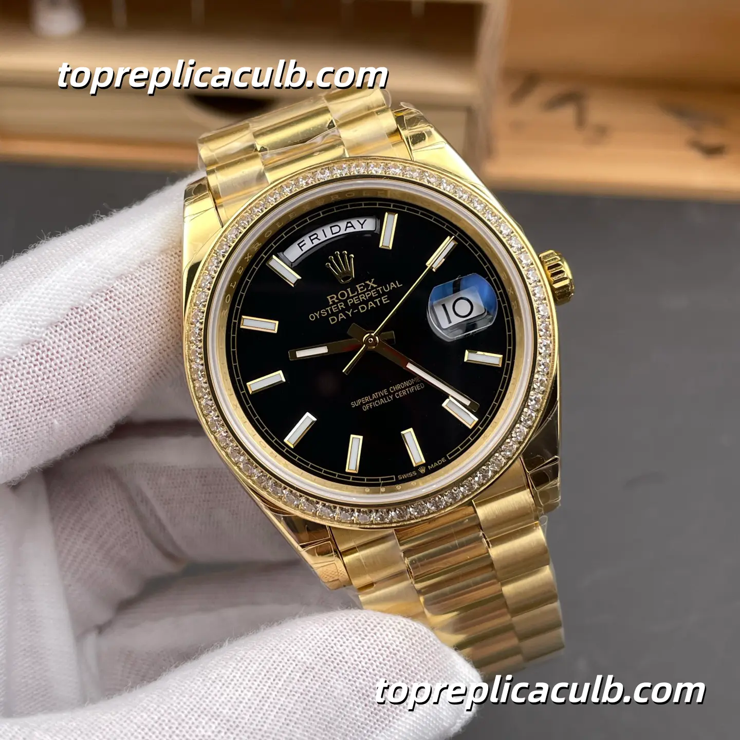 Rolex Day-Date M228348RBR-0001 40MM Black Dial Diamond Bezel Yellow Gold President Bracelet Super Clone Watch - Image 4