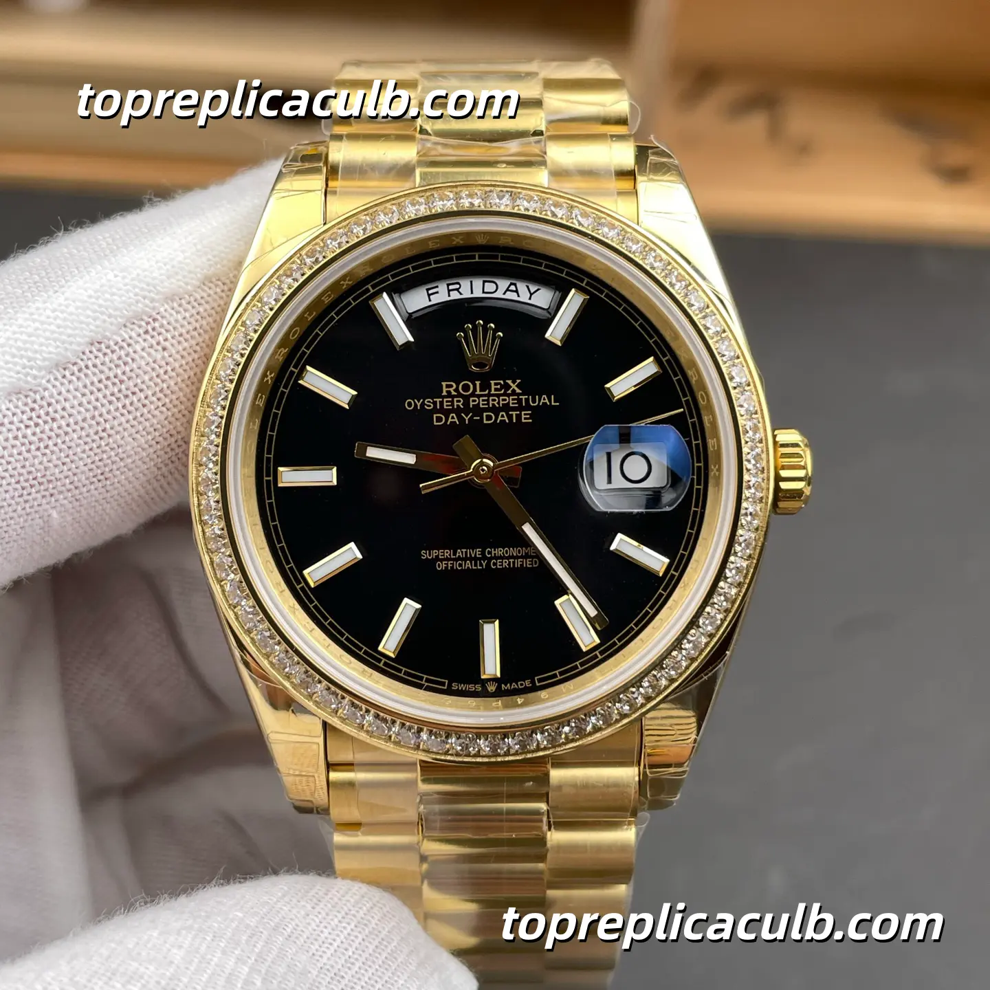 Rolex Day-Date M228348RBR-0001 40MM Black Dial Diamond Bezel Yellow Gold President Bracelet Super Clone Watch - Image 3