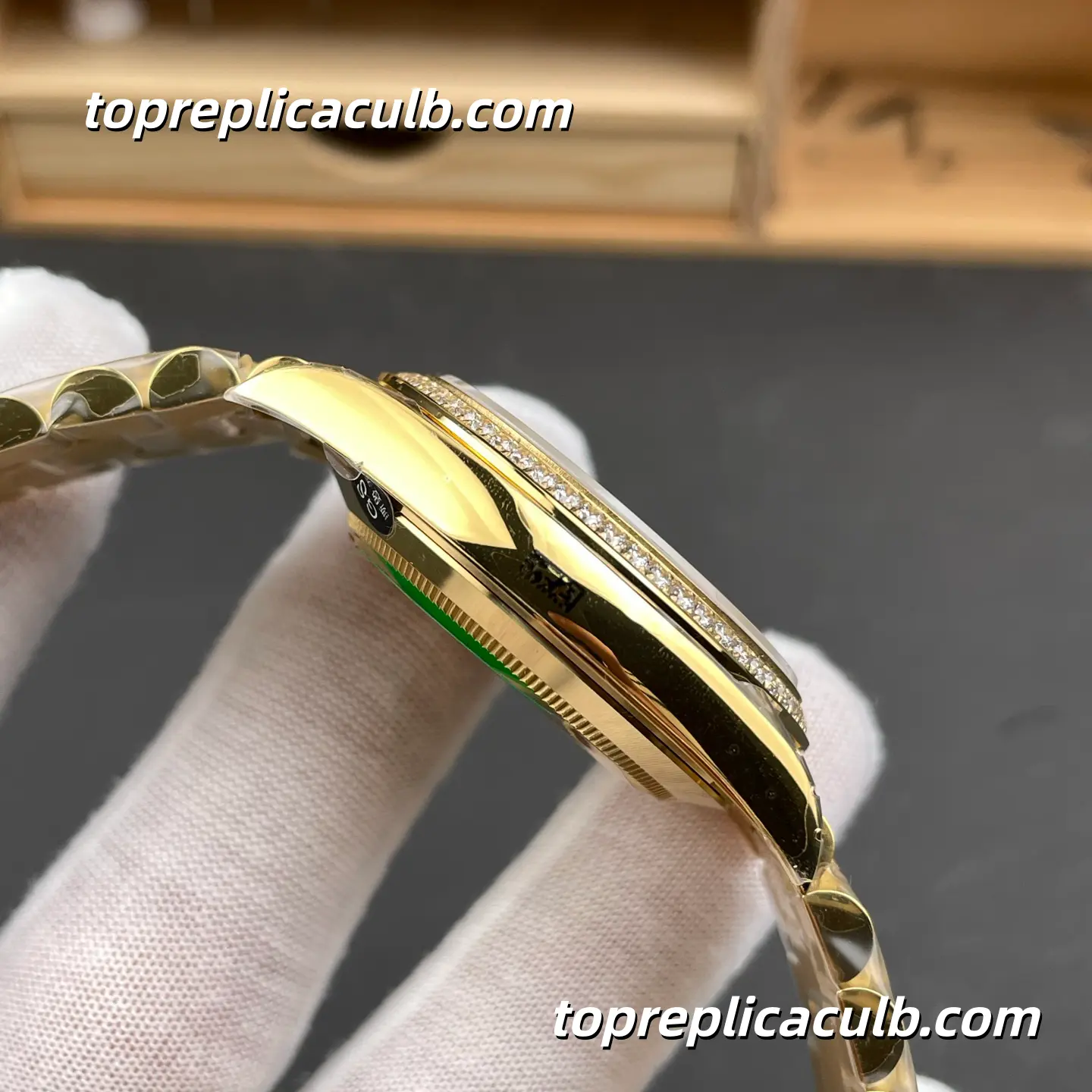 Rolex Day-Date M228348RBR-0001 40MM Black Dial Diamond Bezel Yellow Gold President Bracelet Super Clone Watch - Image 6