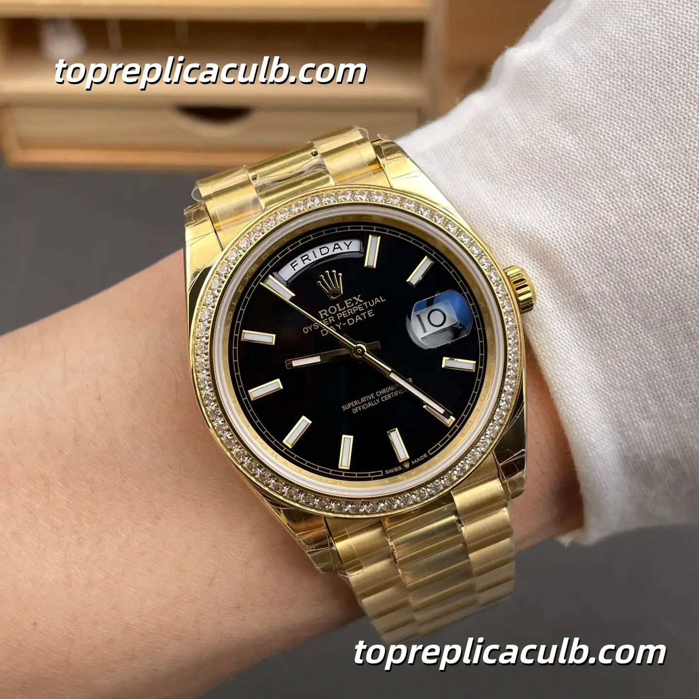 Rolex Day-Date M228348RBR-0001 40MM Black Dial Diamond Bezel Yellow Gold President Bracelet Super Clone Watch - Image 2