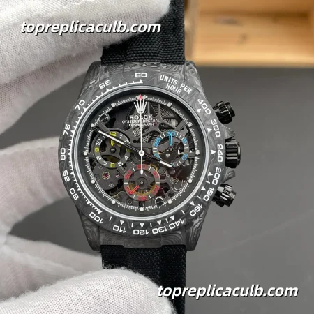 Rolex Daytona DIW Carbon Skeleton 40MM Openworked Dial Forged Carbon Case Black Fabric Strap Super Clone Watch with Dandong 4130 Movement